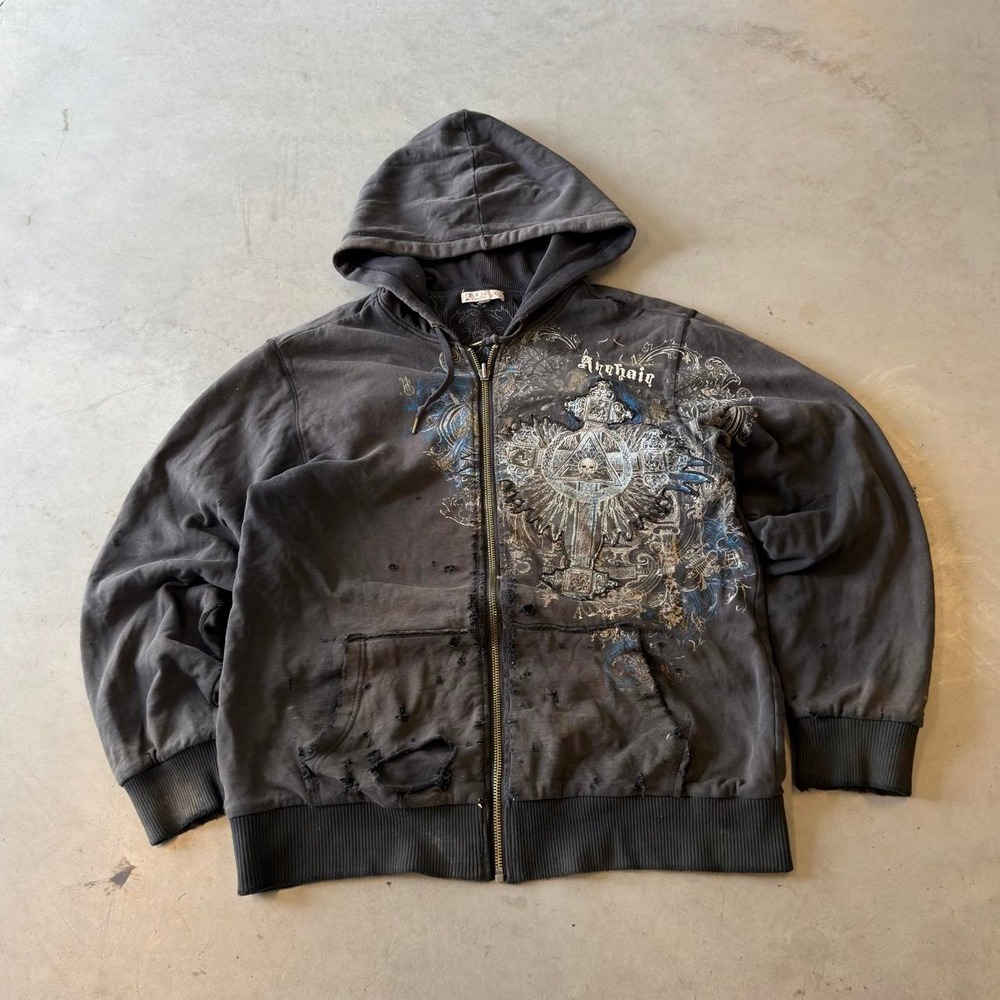 Vintage Y2K thrashed thermal lined heavyweight grunge zip up hoodie